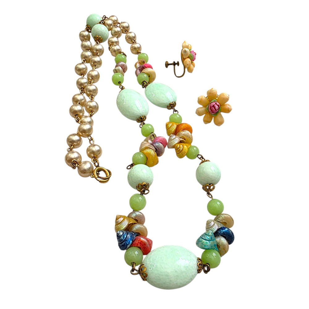 Vintage‎ Necklace Pastel Glass Bead Faux Pearl Shell & Flower Shells Earring Set
